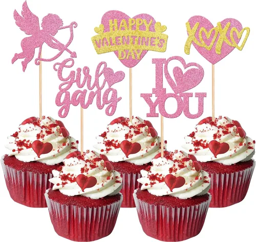 Miniatura 32 de Rsstarxi Paquete de 24 adornos para cupcakes para el día de San Valentín, con purpurina roja, dulce amor, para cupcakes, decoración de San Valentín