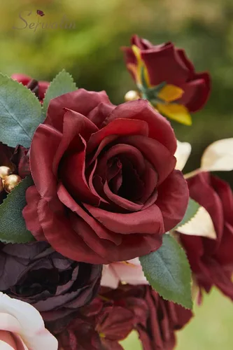 Miniatura 7 de Serwalin Flores Artificiales Burdeos, Flores Falsas de Seda Burdeos y Rosa para Decoración de Boda DIY, Flores Rojo Profundo para Pastel Ramo