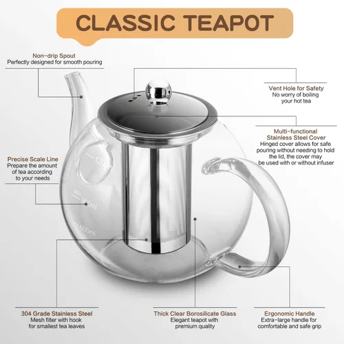 Miniatura 2 de Tetera de vidrio, Zpose 1200 ml/40 oz de tetera con infusor de acero inoxidable extraíble, tetera de vidrio transparente con línea de escala, tetera