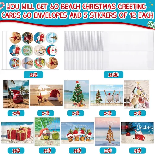 Miniatura 5 de Ctosree 60 juegos de tarjetas de felicitación de Navidad en julio, verano, estilo playa, a granel, con sobres y calcomanías para suministros