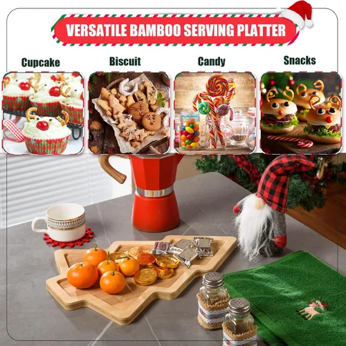 Miniatura 5 de AWIZOM Bandeja de madera para servir con sombrero de Navidad, plato de bambú con forma de sombrero de Papá Noel, tablero de madera para aperitivos
