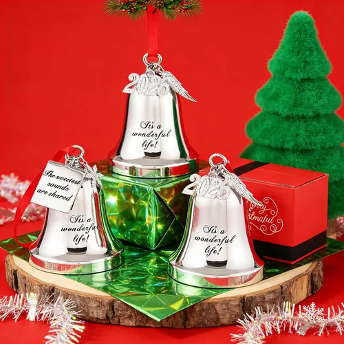 Miniatura 6 de JUPPE Adornos de campana de Navidad grabados en plata 2025 con texto en inglés "It's A Wonderful Life" para árbol de Navidad, boda, aniversario