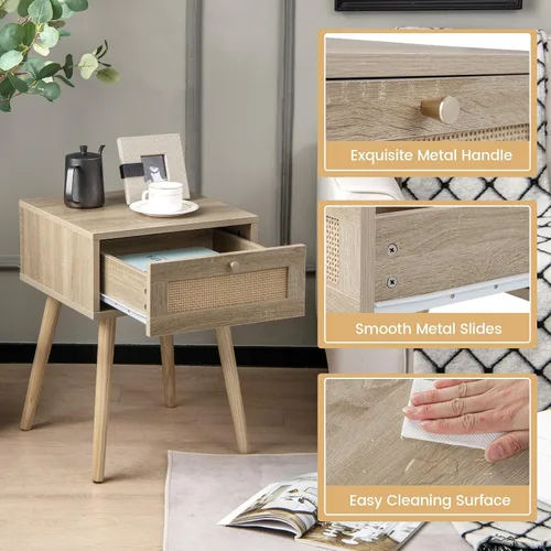 Miniatura 4 de Giantex Mesita de noche de ratán bohemio, mesitas de noche de madera de mediados de siglo con cajón de tejido de ratán, mesita de noche con patas