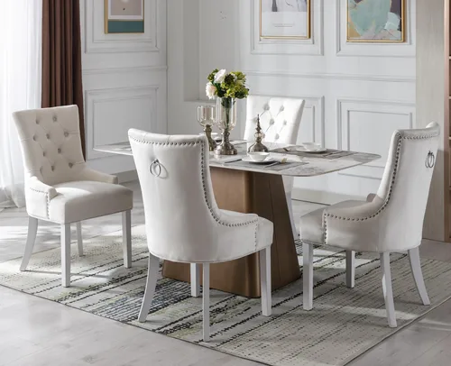 Miniatura 9 de Kmax Velevt - Juego de 2 sillas laterales tapizadas de mediados de siglo, modernas sillas decorativas con patas de madera blanca capitoné