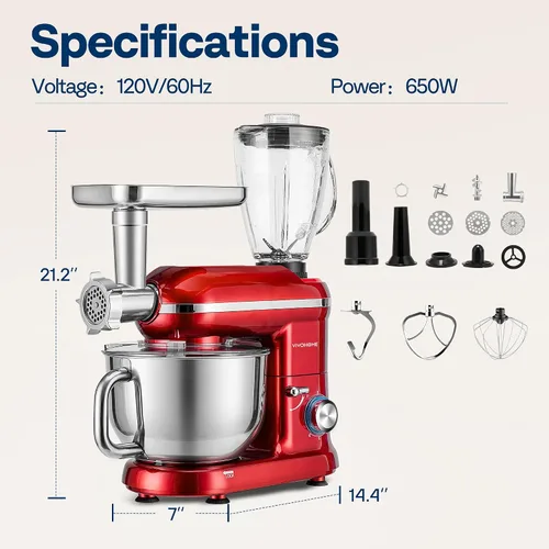 Miniatura 7 de VIVOHOME - Batidora de mesa 3 en 1, mezclador eléctrico de cocina con cabezal inclinable de 6 cuartos de galón con tazón, mezclador de alimentos Rojo