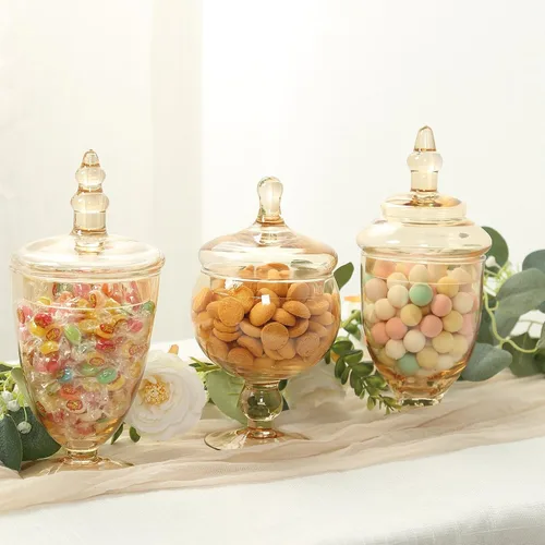 Efavormart - Juego de 3 tarros de vidrio de boticario de oro ámbar con tapas a presión, tarros decorativos con pies para almacenamiento de dulces,