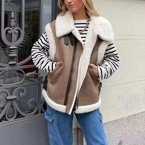 Miniatura 5 de APAFES Chaleco de gamuza de piel de invierno para mujer, cuello alto, sin mangas, forro polar