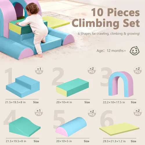 Miniatura 7 de Kinder King Juego de actividades de escalada y gateo, bloque de espuma suave de 10 piezas para escalar, gatear y deslizarse, escalador