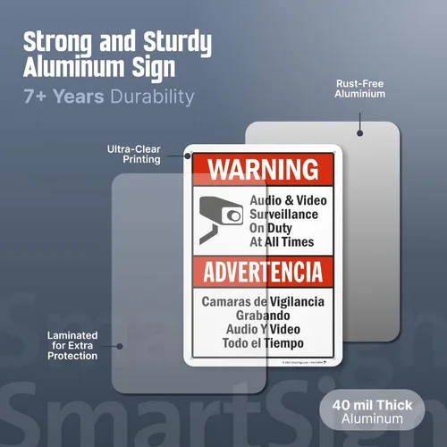 Miniatura 5 de SmartSign-S-9392-AL-14 Advertencia - Vigilancia de Audio y Video En Servicio en Todo Momento Letrero Bilingüe 10" x 14" de Aluminio - Negro/Rojo