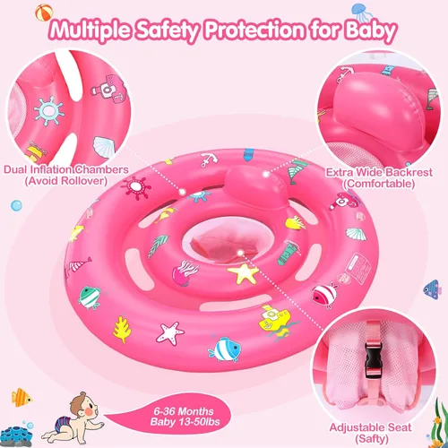 Miniatura 5 de Flotador de piscina para bebé con toldo, flotador inflable de natación para bebés con protección solar UPF50+, flotador de piscina infantil con Rosa