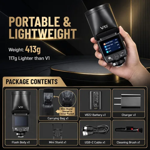 Miniatura 9 de Godox V1 MID C Flash para Canon, pantalla táctil Speedlite de cabeza redonda de 55 W, actualización de 0.945 in, 650+Full Power Pops, reciclaje
