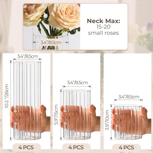 Miniatura 3 de ComSaf Jarrones de vidrio cilíndricos, paquete de 12, jarrones claros acanalados para centros de mesa y decoración de boda, jarrones de flores