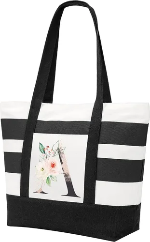 Miniatura 8 de PARBEE Bolso tote de lona con iniciales, diseño de rayas y flores, con cremallera superior, bolsas de playa grandes con monograma de regalo
