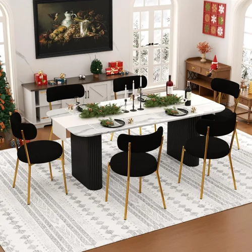 Miniatura 24 de Juego de mesa de comedor ovalada negra moderna de 70.9 pulgadas para 4, mesa de cocina rectangular estilo crema con sillas negras Boucle, juego