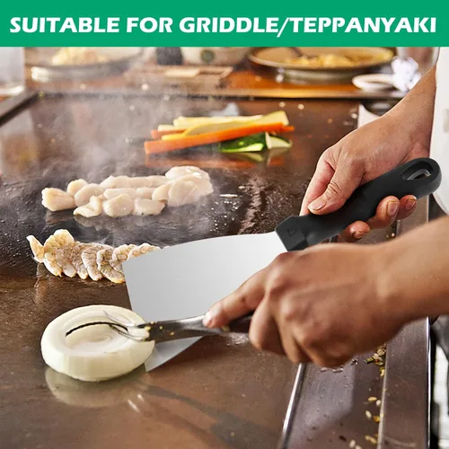 Miniatura 6 de HaSteeL - Juego de 2 espátulas de metal, 9.8 x 3.6 pulgadas, de acero inoxidable, con borde inclinado, espátulas planas Teppanyaki Hibachi, Mango