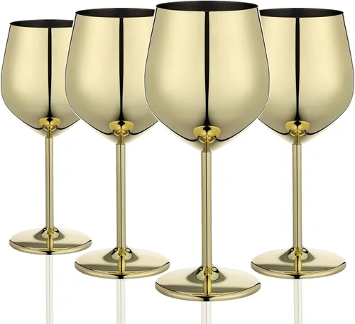 WOTOR Juego de 4 Copas de Vino Doradas, Cáliz Dorado Irrompible de 18oz, Copa de Vino de Acero Inoxidable, Copa de Vino de Metal para Exteriores,