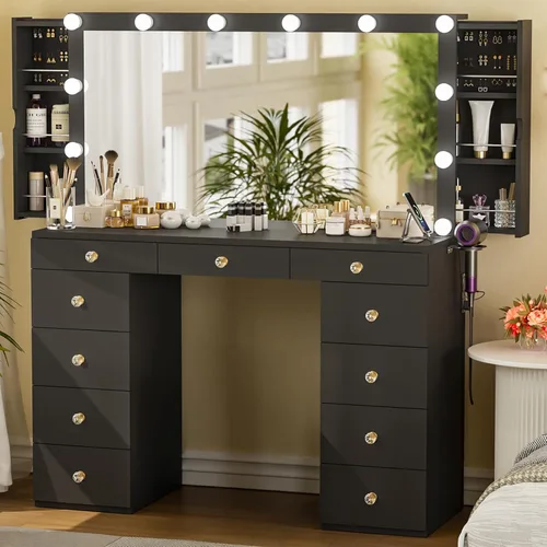Likein Escritorio de tocador con espejo y luces, tocador negro con gabinete de almacenamiento de joyas oculto, estación de carga, 11 cajones de