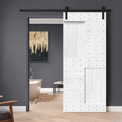 TMS Serie N - Puerta corrediza interior de madera de pino anudada con kit de herrajes deslizantes (32 x 84 pulgadas, blanco)