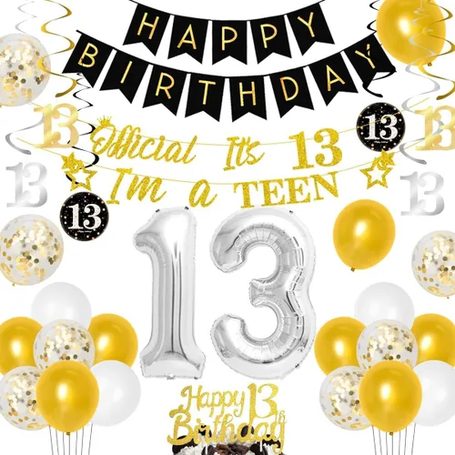 Decoraciones de cumpleaños número 13 para niños y niñas, suministros de fiesta de cumpleaños número 13 negro dorado con pancarta colgante en espiral