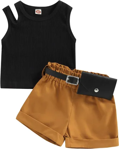 Miniatura 14 de Adobabirl Conjunto de ropa de verano para niña pequeña, sin mangas, acanalada, top halter y pantalones cortos, ropa de moda para niños con cinturón