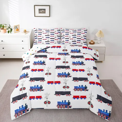Erosebridal Juego de ropa de cama de tren de dibujos animados para niños y niños, edredón de plumón de vehículos para niños, decoración de