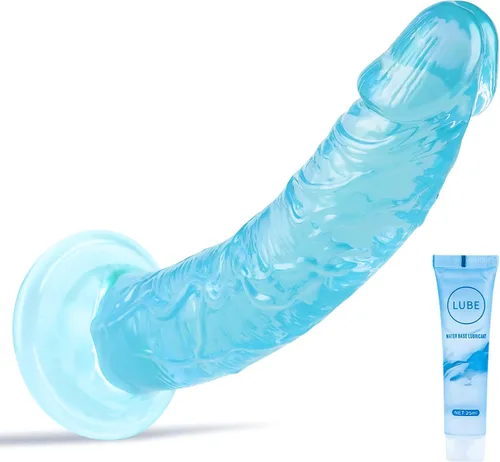 Miniatura 27 de Juguetes sexuales suaves y realistas de 9.4 pulgadas con ventosa para jugar con manos libres, pene grueso azul-morado adecuado para Violeta-Azul