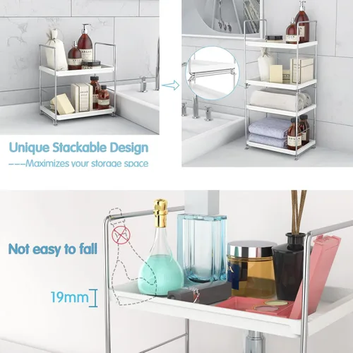 Miniatura 4 de Estante de especias de cocina de 2 niveles, organizador de encimera de baño, bandeja de tocador, almacenamiento de cosméticos y maquillaje, estante