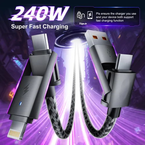 Miniatura 3 de Cable de carga de 240W 4 en 1, cable de carga rápida USB C a Lightning, cable trenzado USB a USB C, cable de carga múltiple esencial para viajes