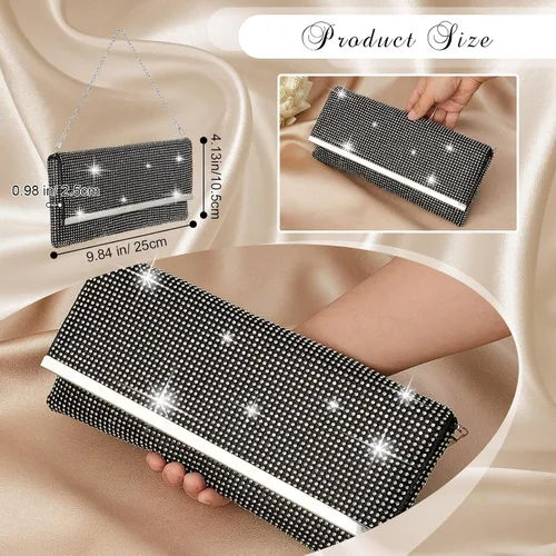 Miniatura 2 de Tessco Bolso de noche para mujer con purpurina para mujer, para noche, boda, fiesta, graduación, bolso de diamantes de imitación con cadena