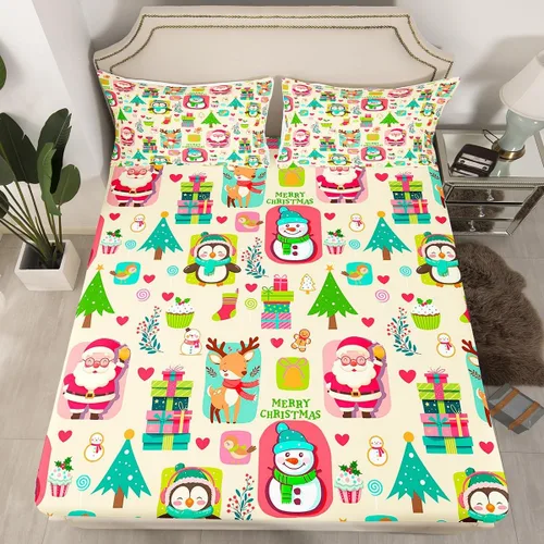 Miniatura 31 de Juego de sábanas con diseño de Papá Noel y muñeco de nieve para niños, niñas y niños, de temática navideña, juego de cama con diseño de árbol