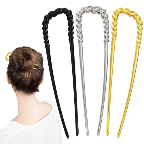 Miniatura 8 de YONOY 3 pinzas de metal para el cabello francés, en forma de U, 2 puntas para moños, horquilla de cabello con torsión francesa, palos