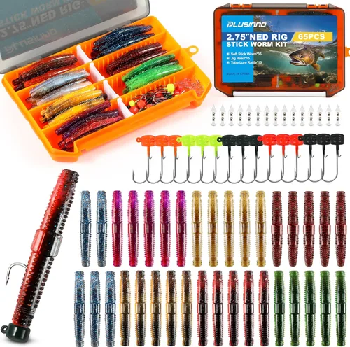 Miniatura 9 de PLUSINNO - Kit de señuelos de pesca Wacky Worm, señuelos de pesca de plástico suave, cebos de lombrices para anzuelo, aparejo loco para pesca de Kit