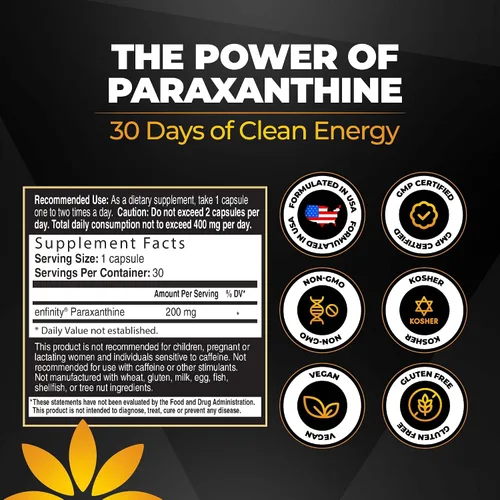 Miniatura 7 de Enfinity Cápsulas de Paraxantina, Energía Limpia y Concentración, Alternativa a la Cafeína 200 mg por Cápsula 30 Cápsulas por Botella