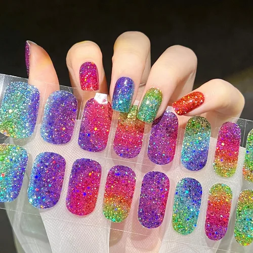 Miniatura 9 de Tiras de esmalte de uñas de gel con purpurina verde sin luz de uñas, calcomanías de lámpara de uñas, 20 tiras de manicura extra largas
