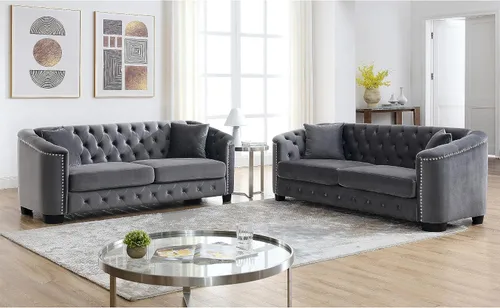 Miniatura 12 de Juego de 2 sofás modernos de terciopelo Chesterfield de 77" para 3 plazas + 59" loveseat, tapizados con respaldos capitoné con brazos de tachuelas