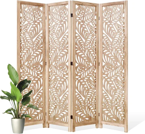 Miniatura 9 de Divisor de habitación tallado con hojas, pantalla de privacidad de 67 pulgadas de alto, panel divisor de pantalla de madera decorativa plegable