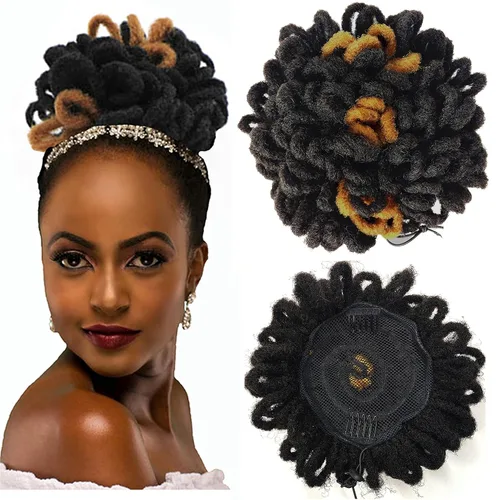 Miniatura 19 de DreadLock Moño Loc Moño de Pétalo Moño Afro High Puff Peluca de Cola de Caballo con Cordón Sintética Locs Falsos Moño de Cabello Cola de Caballo