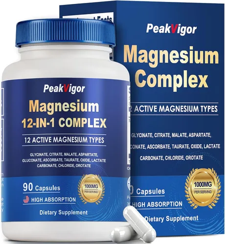Complejo de magnesio 12 en 1, suplemento de magnesio de 1000 mg con glicinato, citrato, malato, L-treonato, taurato, apoyo para dormir, probado por