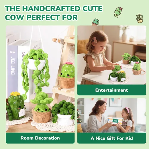 Miniatura 6 de Imcrasy - Kit de ganchillo para principiantes con lecciones de video paso a paso 6 plantas en macetas y kit de ganchillo de la familia de plantas