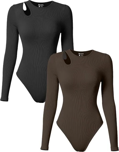 OQQ Body de 2 piezas para mujer, sexy, acanalado, cuello redondo, manga larga, hombros ahuecados, tops