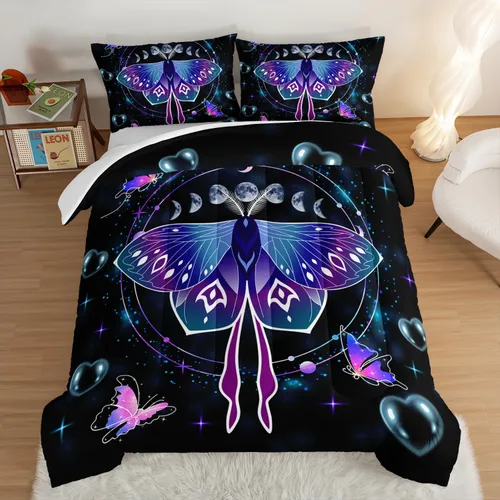 Juego de edredón de mariposa HOSIMA con 2 fundas de almohada, edredón de galaxia con cielo estrellado lunar, decoración de habitación de mariposas,