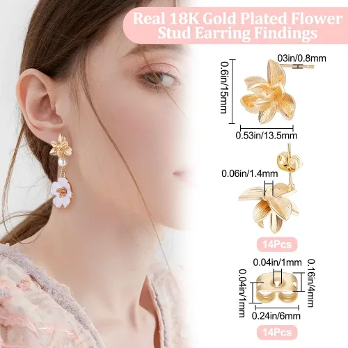 Miniatura 2 de Beebeecraft 1 caja de 14 piezas de aretes de flor chapados en oro de 18 quilates tridimensionales con lazo y parte trasera para hacer joyas Dorado