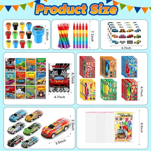 Miniatura 3 de BenLouis 84 piezas de recuerdos de fiesta con tema de carreras, libros para colorear, crayolas, stickers, set a granel para niños, ruedas