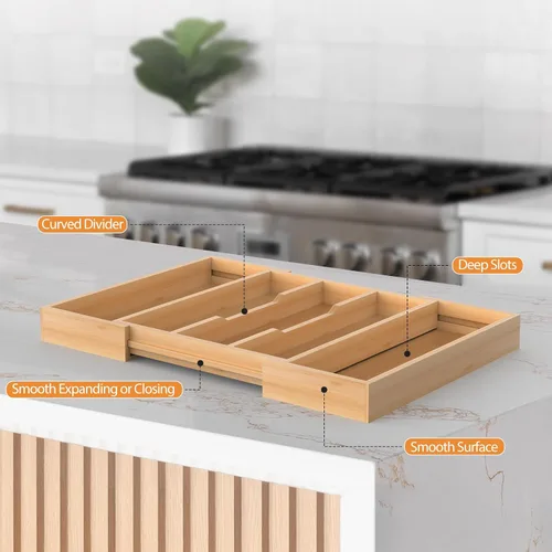 Miniatura 6 de Organizador de cajones de cocina expandible de bambú, 13 a 23 pulgadas, bandeja ajustable para utensilios y cubiertos, organizador de cajones