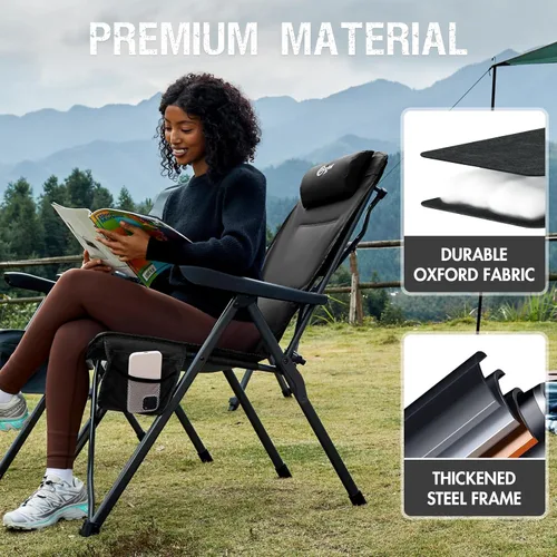 Miniatura 5 de Portal Silla reclinable de campamento con respaldo ajustable plegable para adultos, portátil, respaldo alto, de gran tamaño, 350 libras (negro)