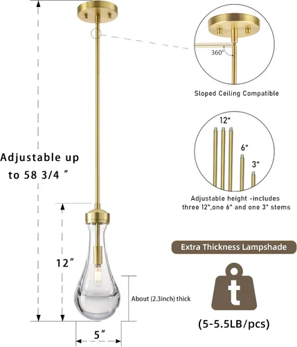 Miniatura 2 de Untrammelife Lámpara colgante de gota de lluvia, latón dorado soplado a mano transparente de vidrio sólido colgante, lámpara colgante de varilla