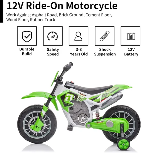 Miniatura 3 de Bicicleta de Dirt Eléctrica para Niños Batería de 12V Motocicleta Eléctrica Alimentada por Batería para Niños Juguete de Montar Motocicleta Verde 3