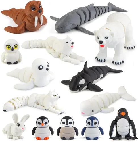14 piezas de figuras de juguetes de animales árticos impresos en 3D, juguetes de baño articulados de animales polares realistas con oso polar,