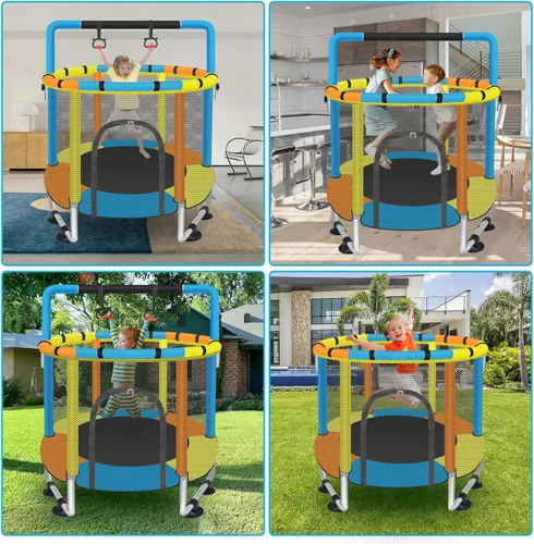Miniatura 6 de Trampolín para niños de 1 a 8 años, trampolín pequeño de 55 pulgadas con red de seguridad y barra de gimnasia ajustable, mini trampolines para bebés