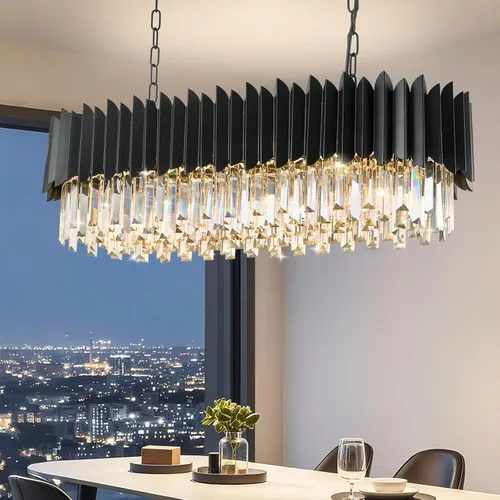 Miniatura 13 de Candelabro de cristal negro de 20 pulgadas, K9, luces colgantes redondas, ajustables, de 4 niveles, gran lámpara de cristal moderna, 6 luces